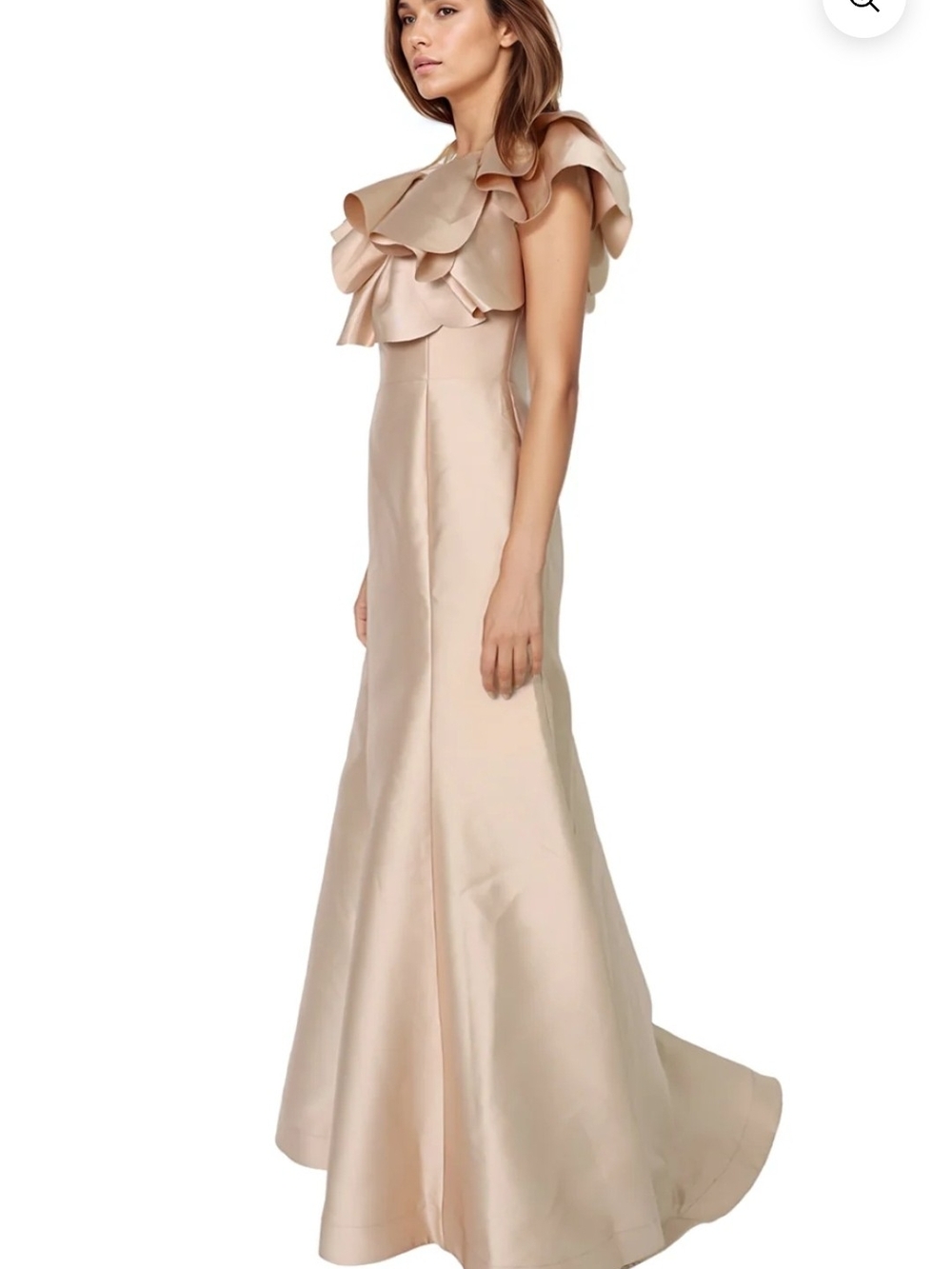 Rene Ruiz Champagne Satin Mermaid Maxi Skirt with Ruffled Neckline - Picture 4 of 8